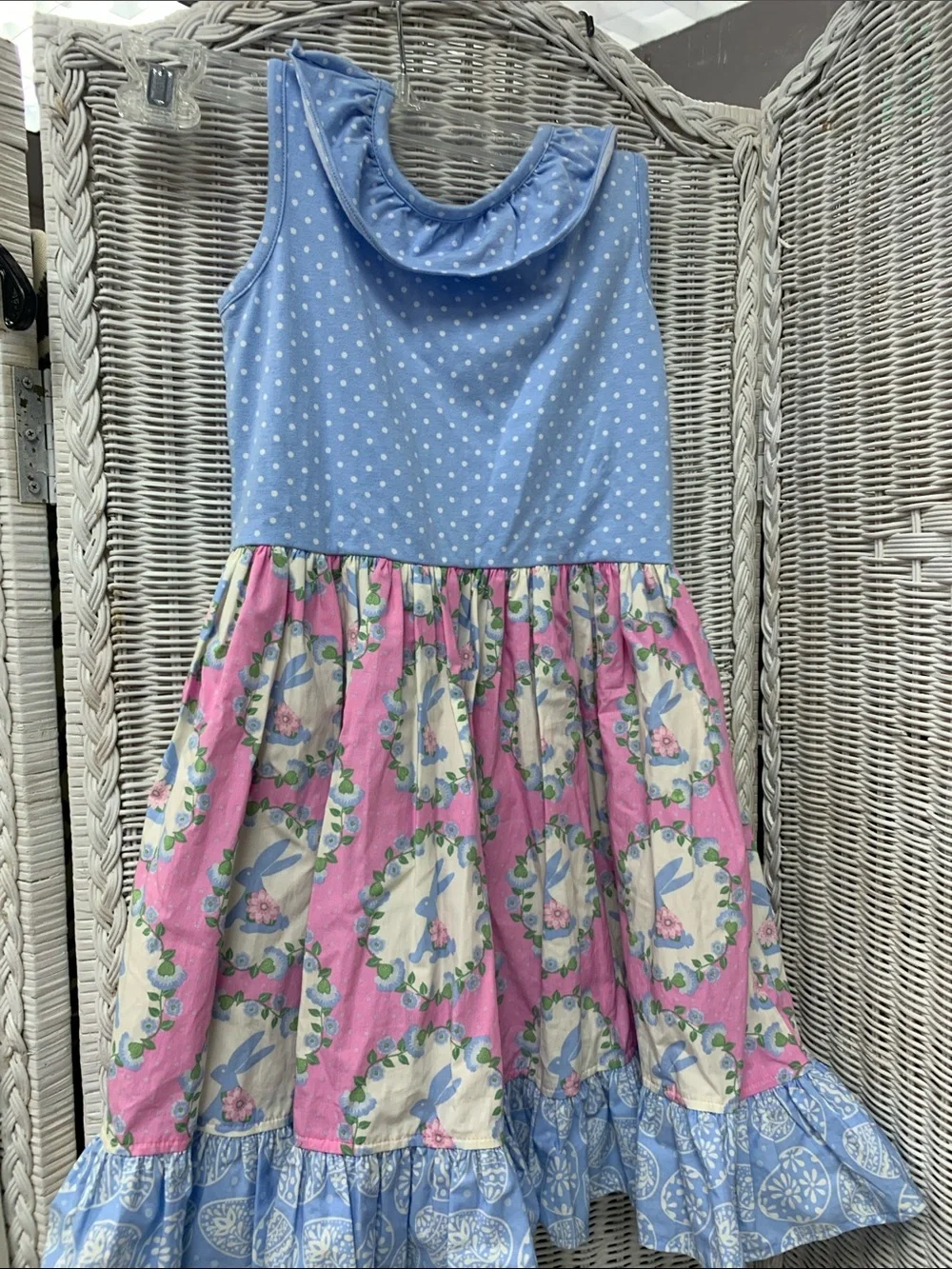 Sleeveless Blue & Pink Bunny Print Ruffle Dress for Girls